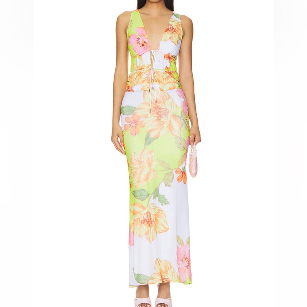 AFRM Floral V-Neck Skirt Set in Green and Orange